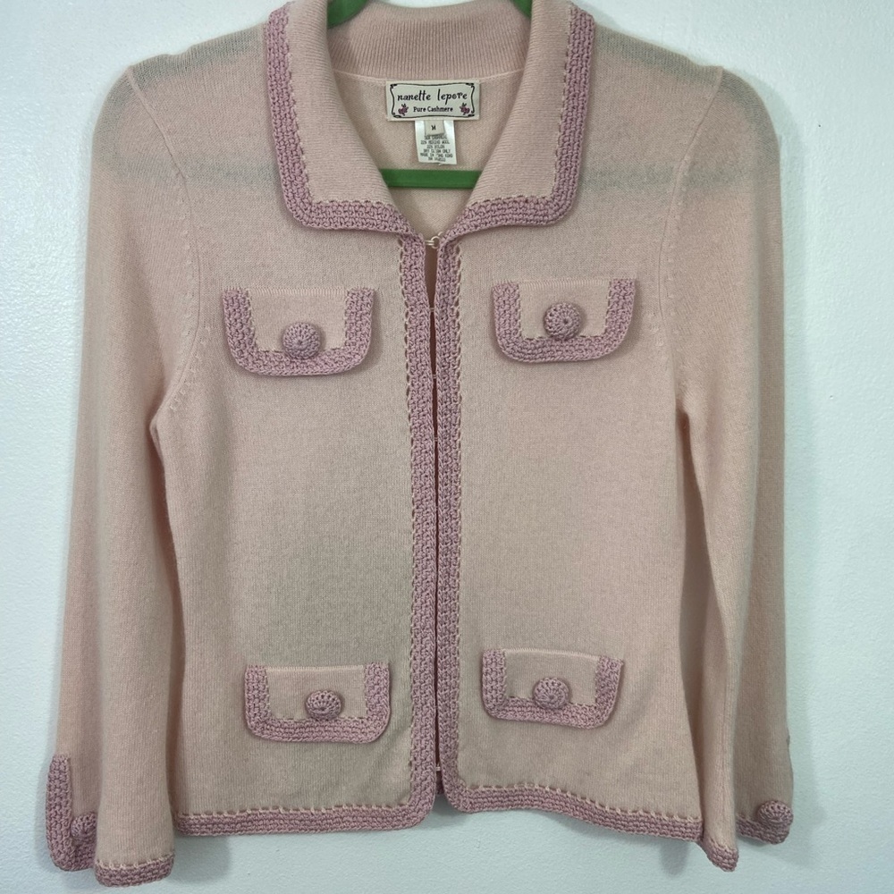 Nanette Lepore Cashmere Cardigan Sweater Pink Wool M Preppy Coquette Old Money